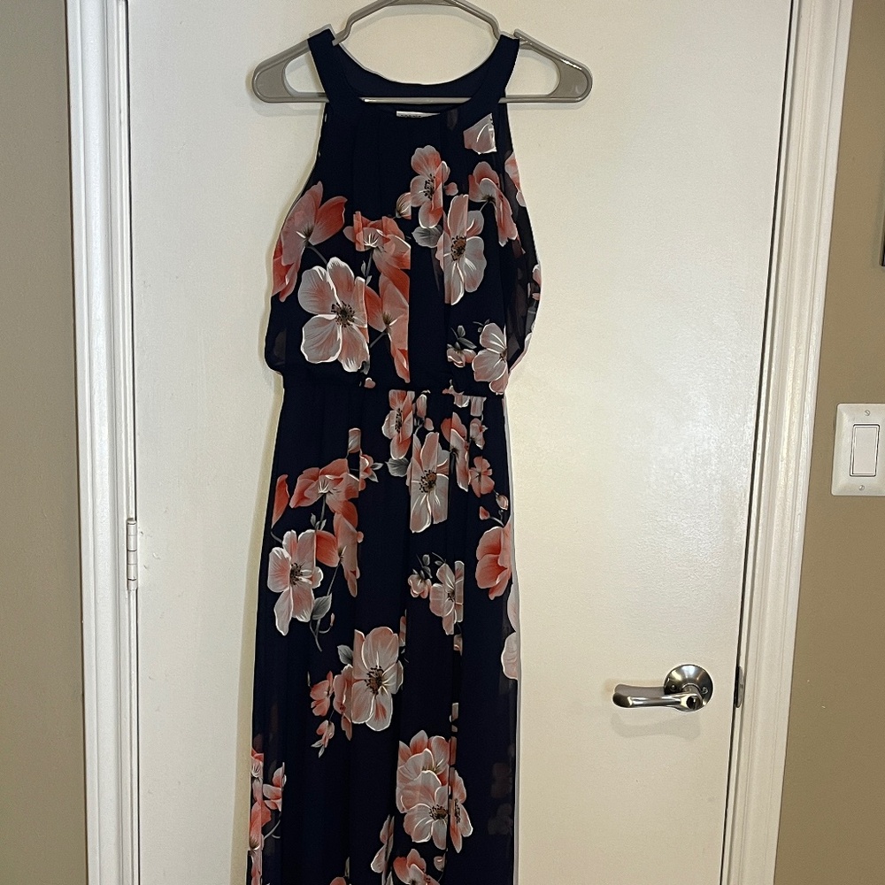 Robbie Bee Blue and Pink Floral Maxi Halter Dress